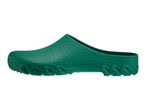 Green gardening clog with a textured upper and a wavy sole.