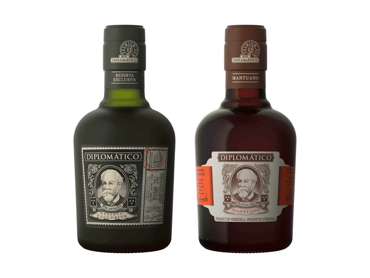 Zwei Flaschen Diplomático Rum: Reserva Exclusiva und Mantuano, vor schwarzem Hintergrund.