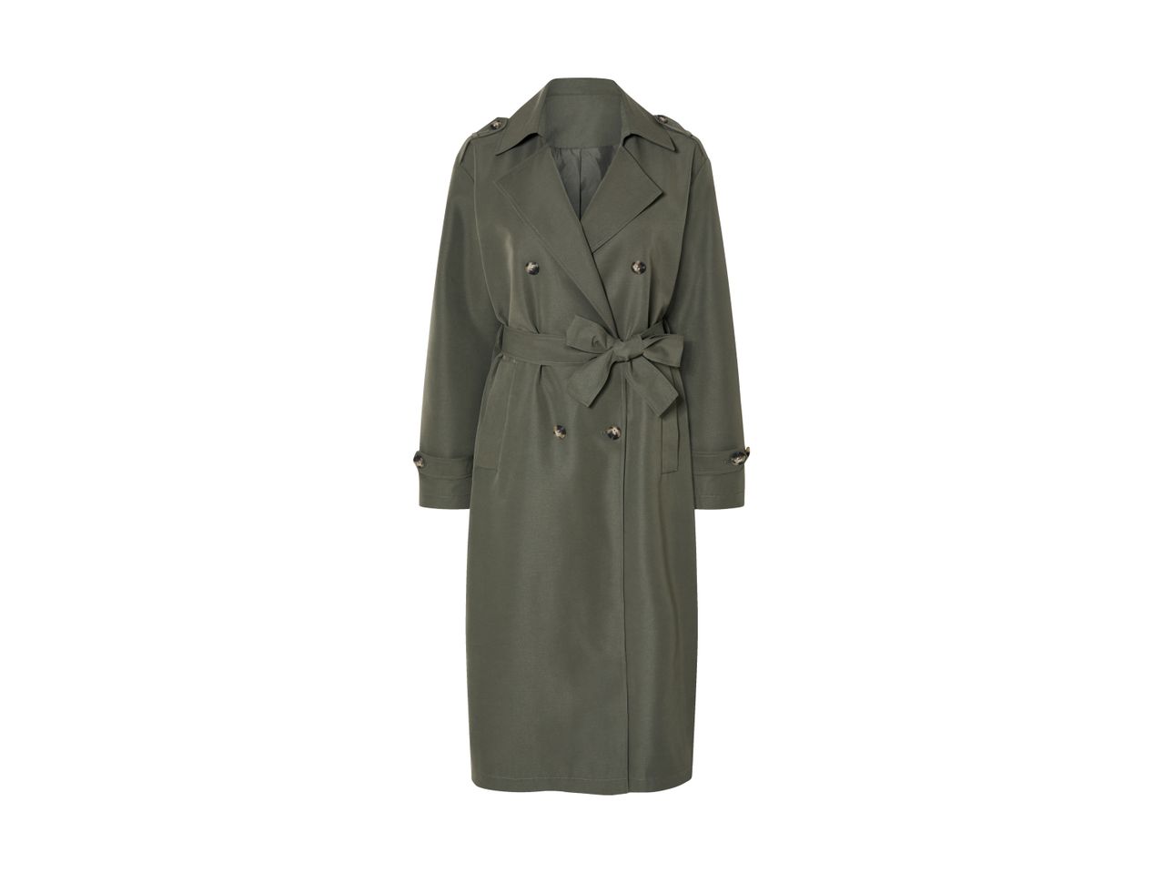 En grøn dobbeltradet trenchcoat med et bælte bundet i taljen.