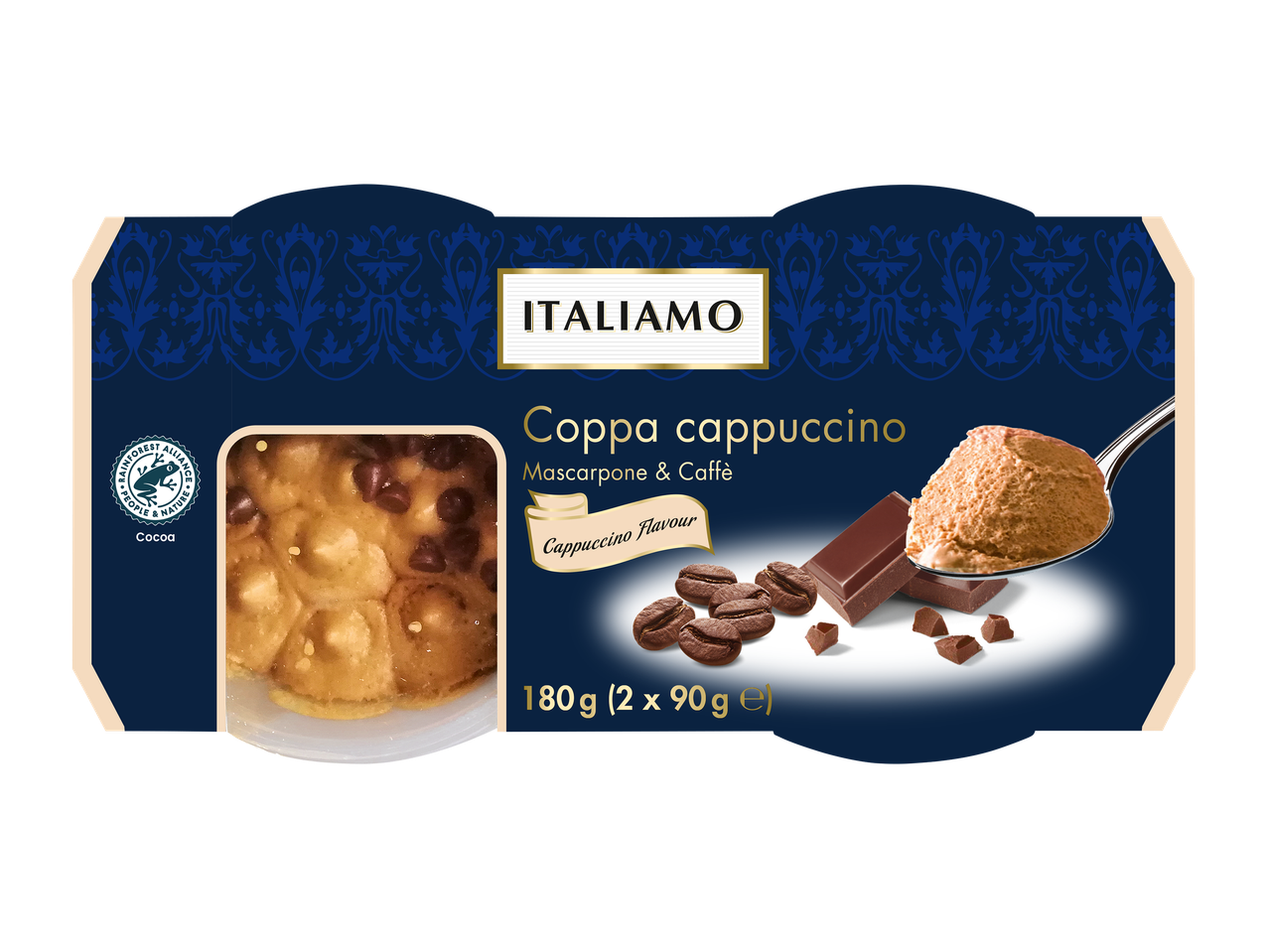Dessert saveur cappuccino avec mascarpone et café, 180g (2 x 90g), avec grains de café et chocolat.