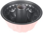 Uma forma de bolo bundt rosa e cinza, antiaderente.