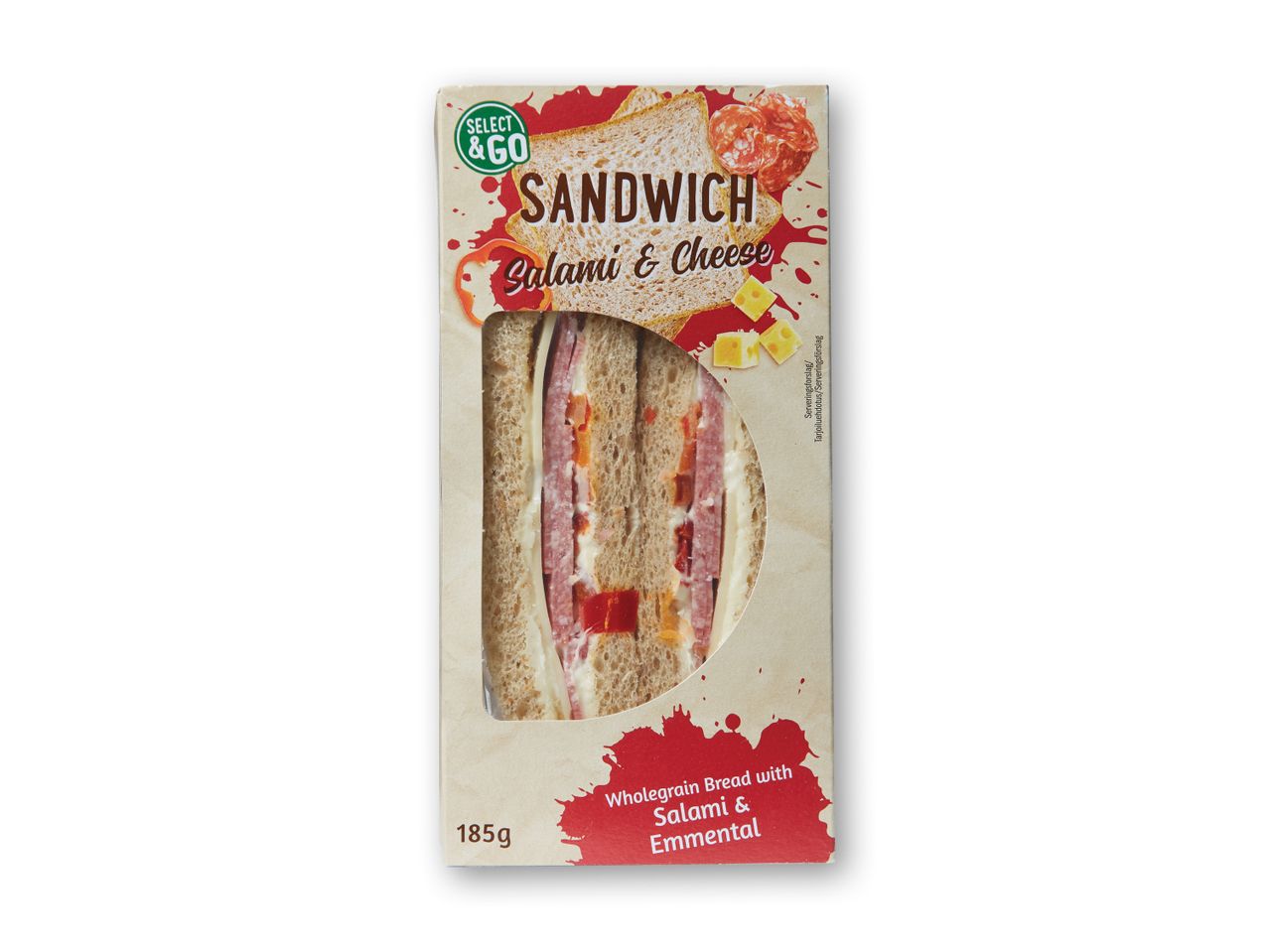 En pakke med en sandwich med salami og ost, lavet med fuldkornsbrød.