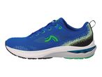 A blue and green athletic shoe with a white sole.