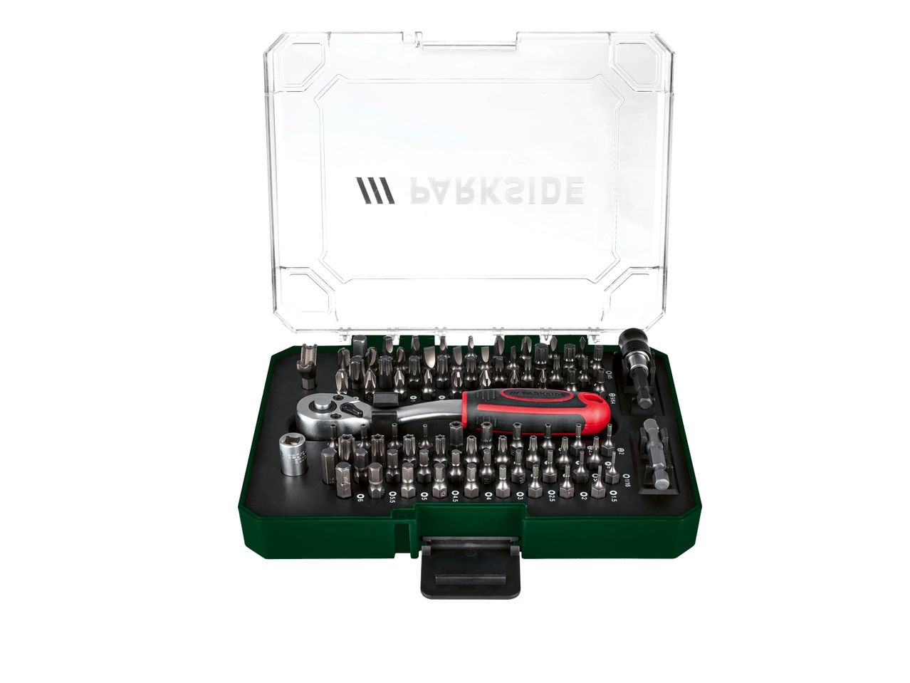 A Parkside Ratchet & Bit Set with a ratchet and various bits in a green and clear case.