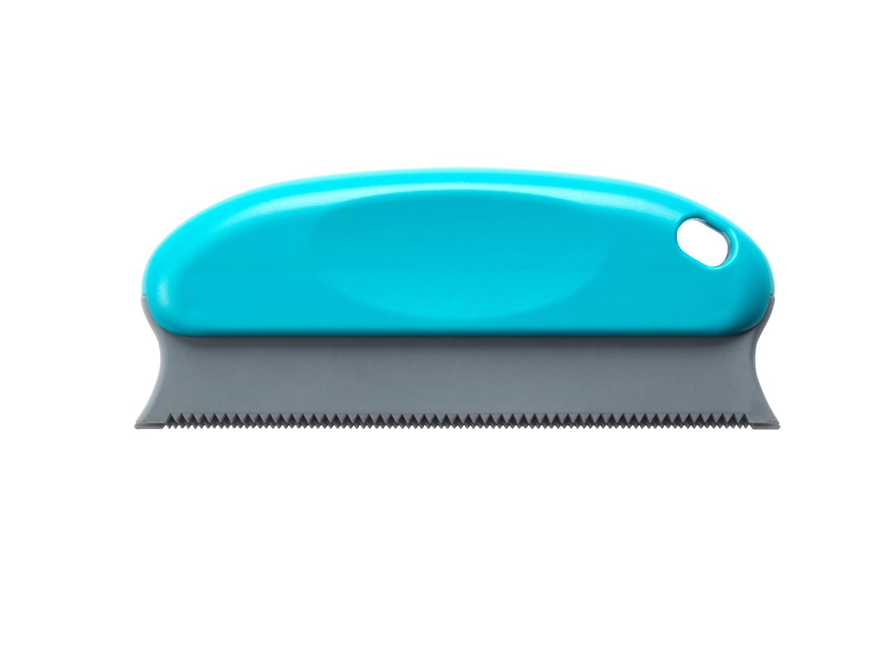 A teal and gray lint remover with a serrated edge.