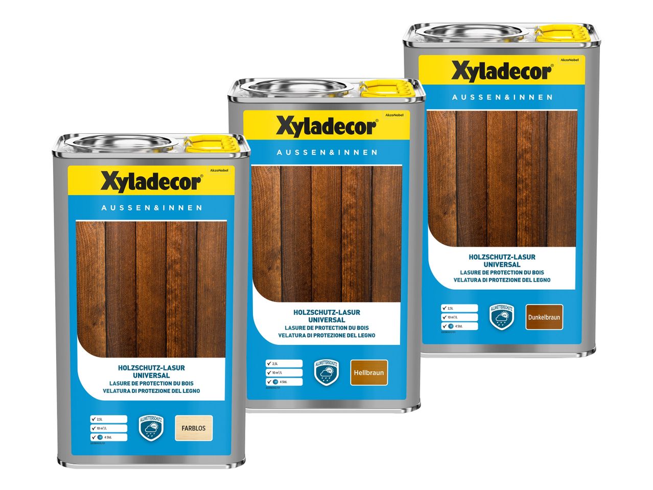 Drei Dosen Holzschutzlasur in den Farben Dunkelbraun, Hellbraun und Farblos.