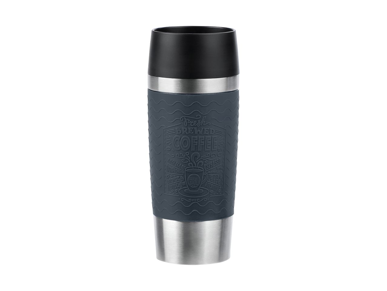 Termokop i rustfrit stål med sort låg og mørkegråt greb med kaffetema.