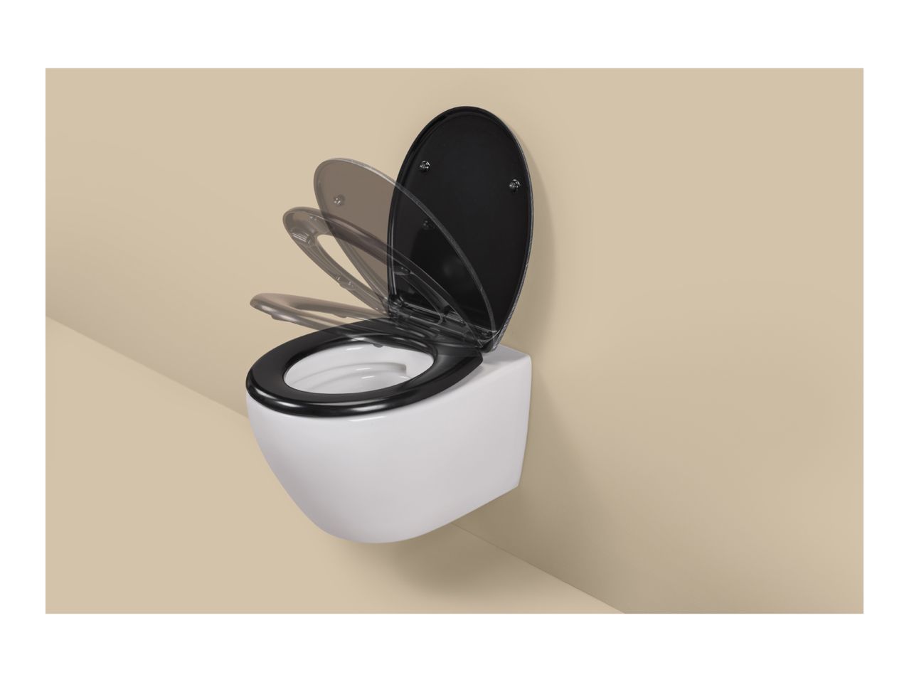 Wall-mounted toilet with a black soft-close seat and lid, shown in motion.