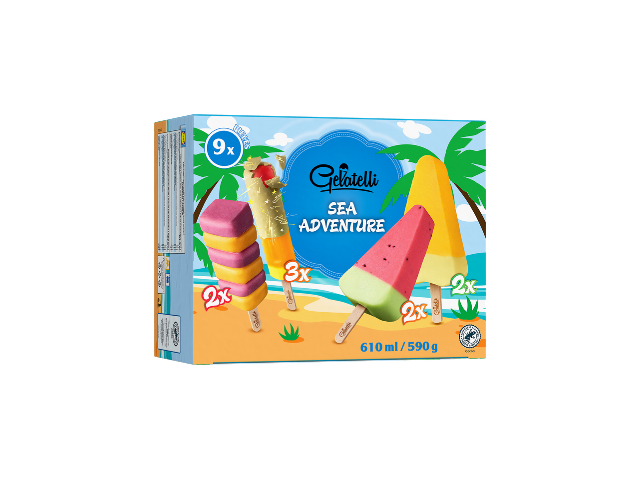 Multipack de gelados Gelatelli Sea Adventure com melancia, manga e gelados em camadas.