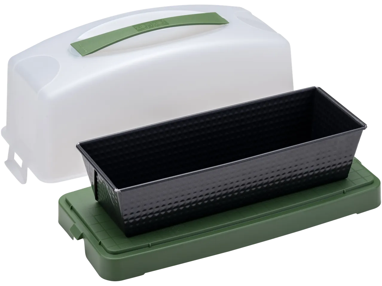 Zenker cake container with a black loaf pan on a green base and clear lid.