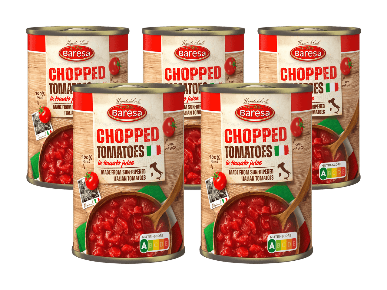 Sechs Dosen gehackte Tomaten in Tomatensaft, hergestellt aus sonnengereiften italienischen Tomaten.