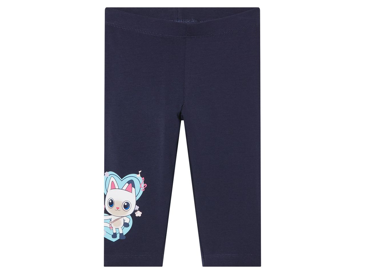 Sötétkék gyerek leggings, rajta egy aranyos macska grafikával.