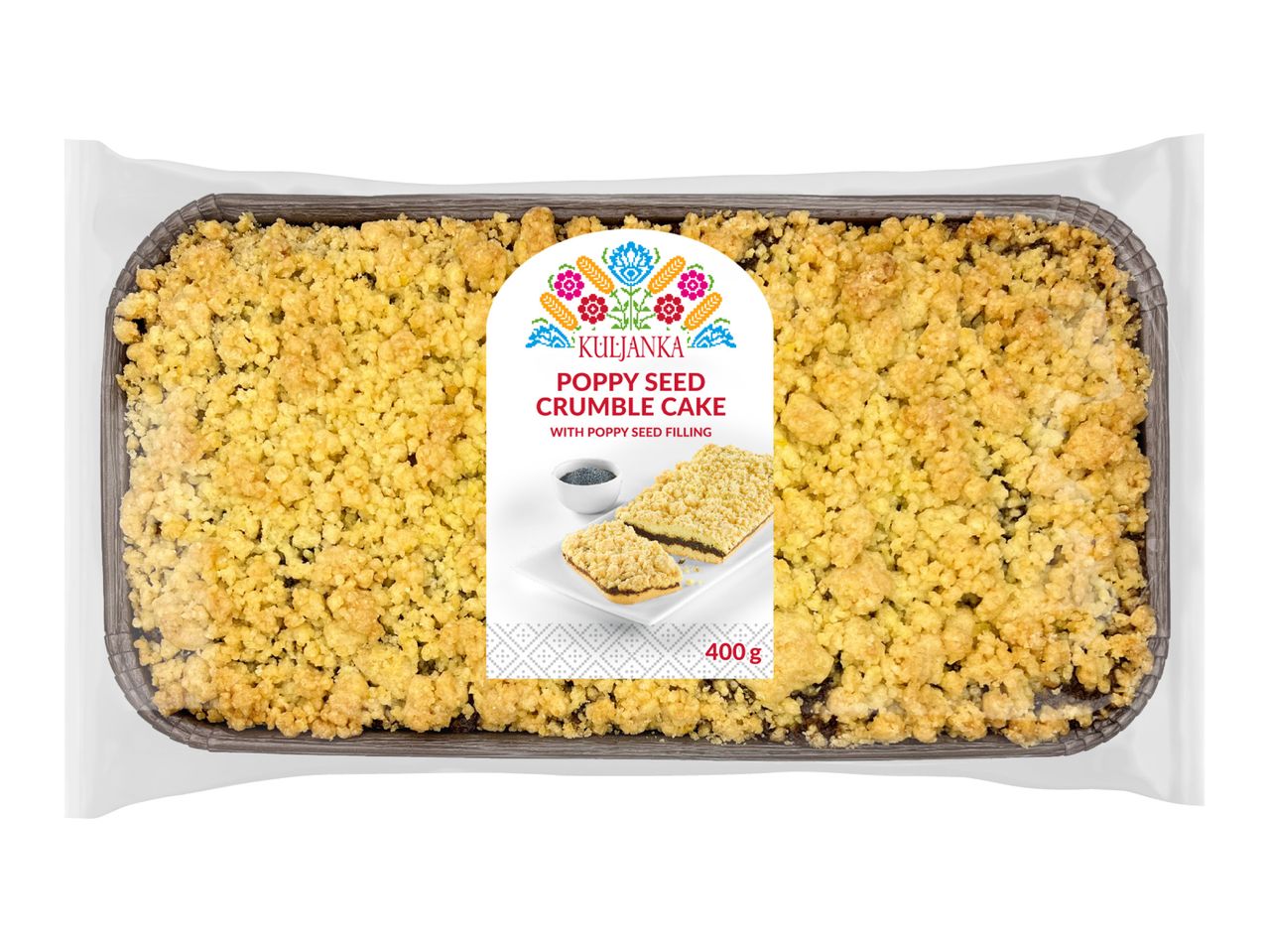 Poppy seed crumble cake in a clear plastic package, with a label showing two slices of cake and a bowl of poppy seeds. The label also states '400 g'.
