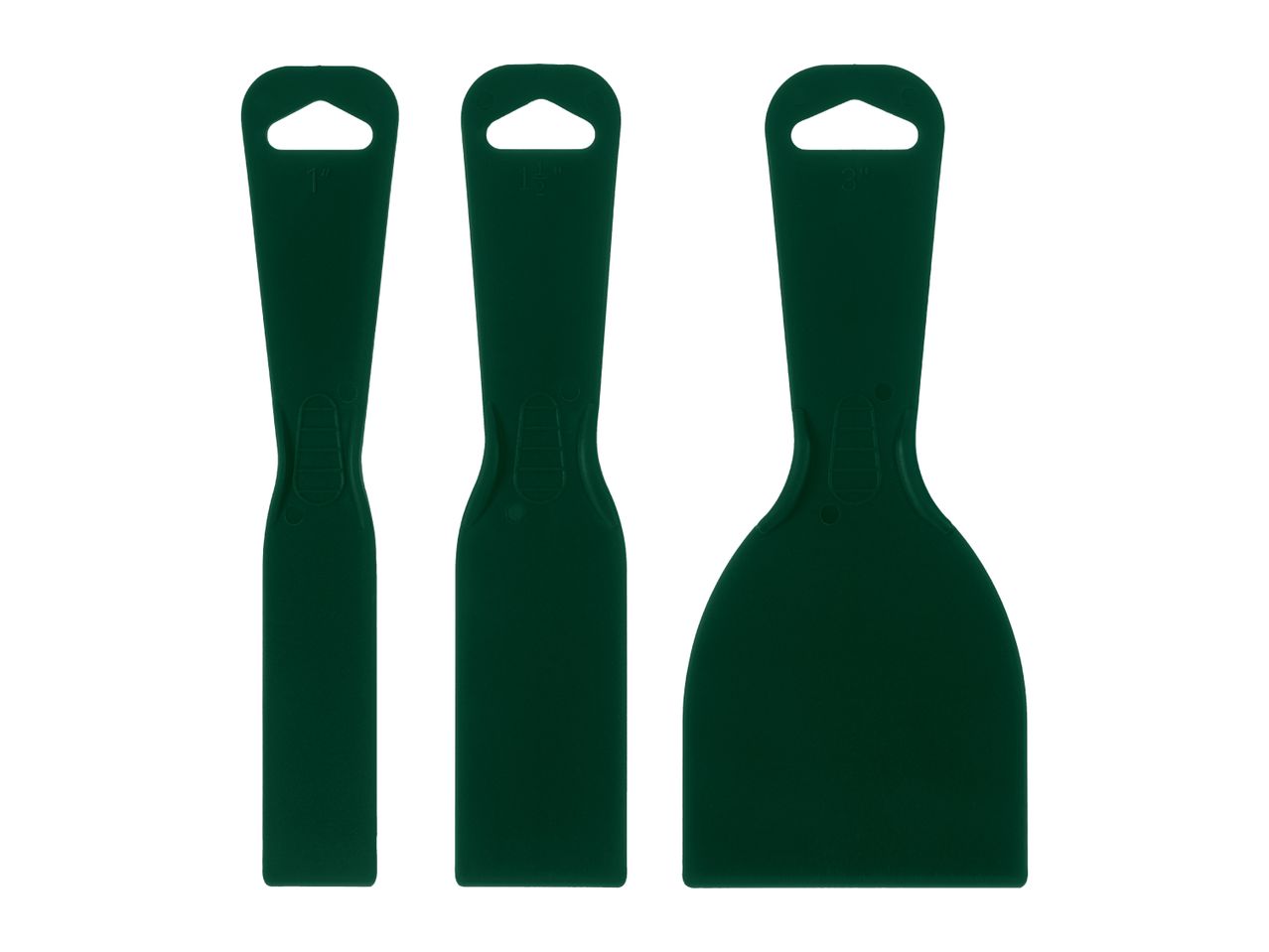 Three dark green plastic spatulas of varying sizes: 1-inch, 1.5-inch, and 3-inch.