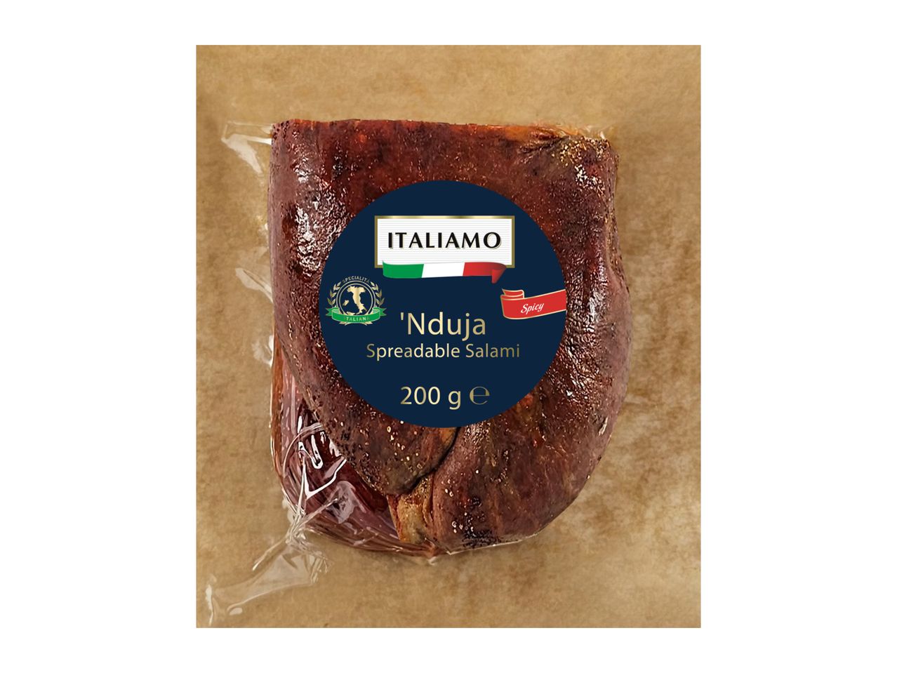 Vacuum-packed 'Nduja spreadable salami, 200g, with a spicy label.