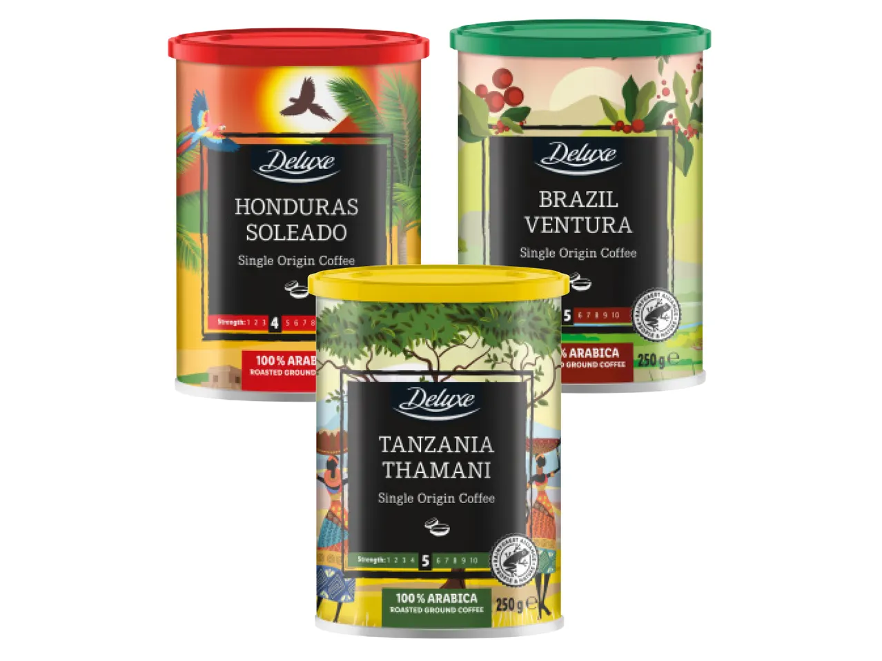 Trīs Deluxe kafijas iepakojumi: Honduras Soledado, Brazil Ventura un Tanzania Thamani.