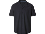 Men's dark blue striped short-sleeved shirt with a camp collar and front buttons.