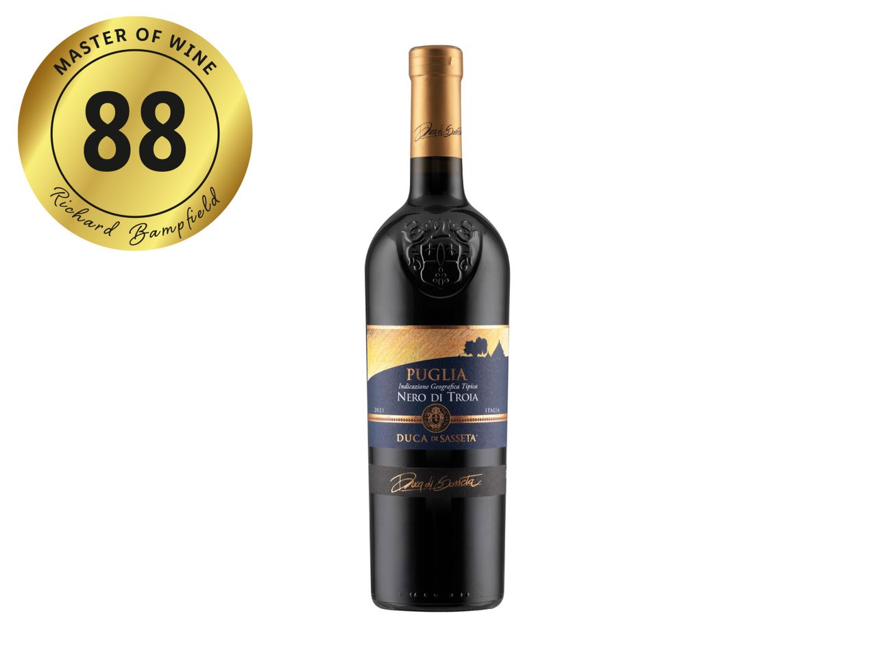 Red wine bottle with a gold Master of Wine 88-point rating by Richard Bampfield.