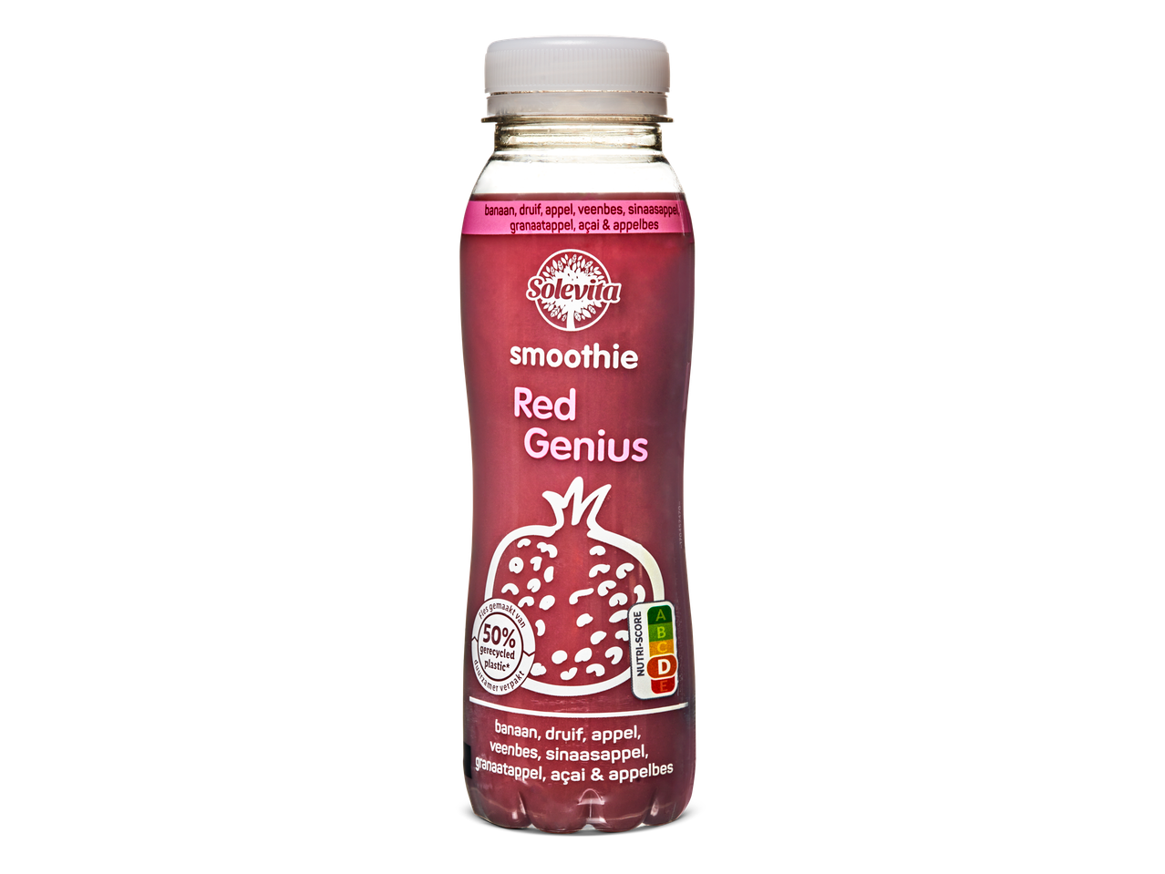 Solevita Red Genius smoothie: een flesje met smoothie van granaatappel, banaan en andere vruchten.