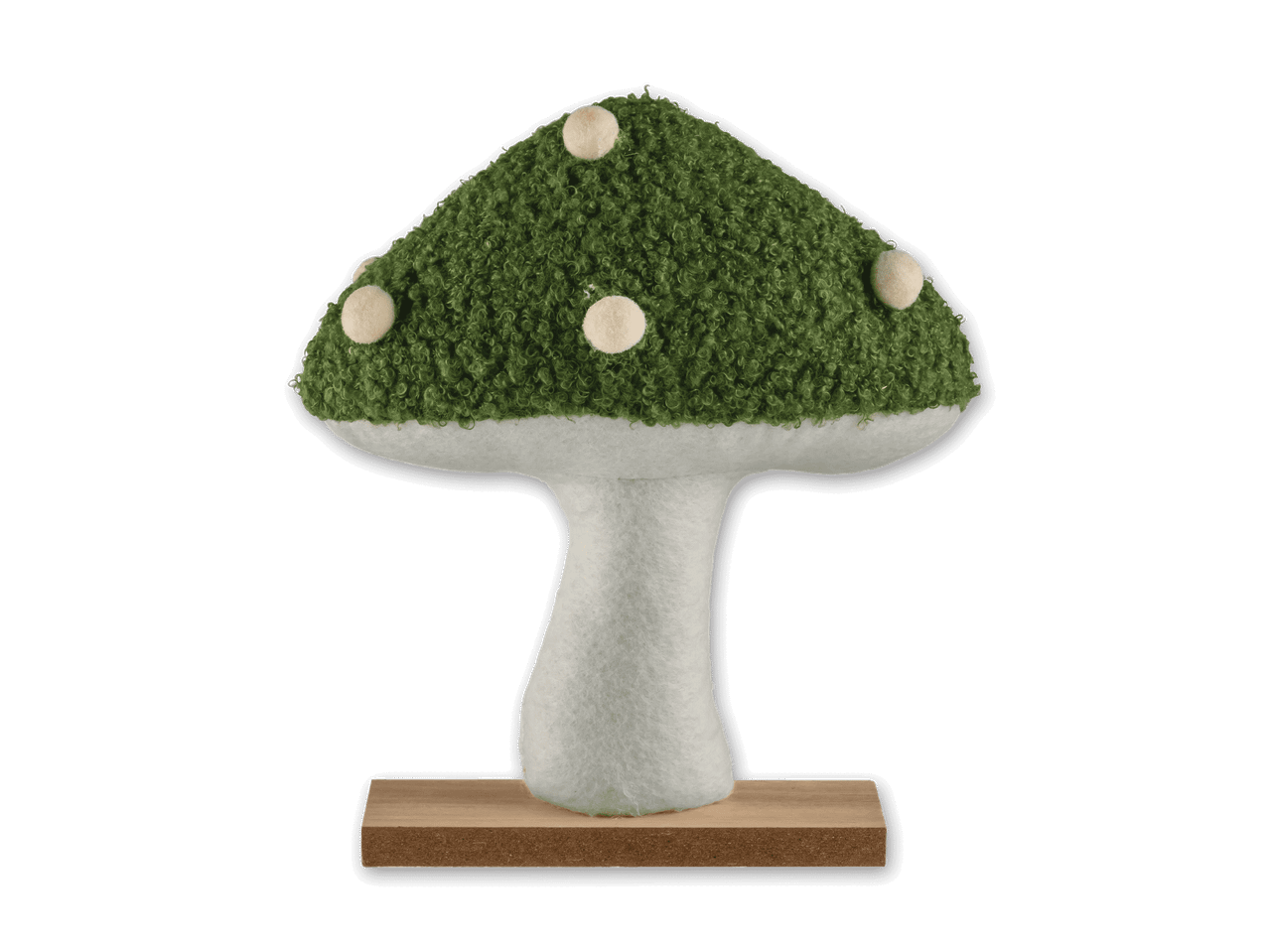 Grüner Pilz aus Stoff mit weißen Punkten auf einem Holzsockel.