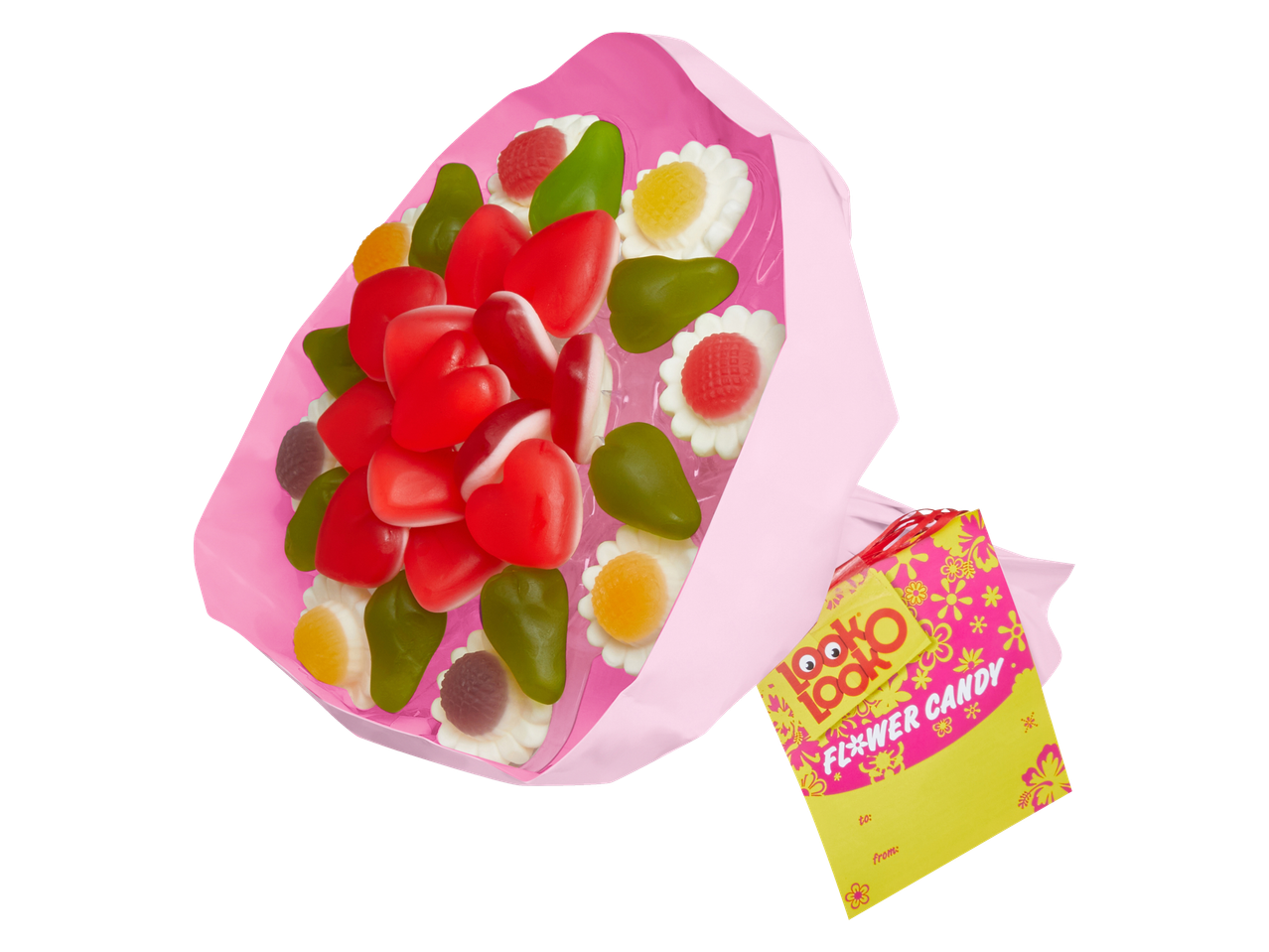 Snoepboeket met hart-, peer- en bloemvormige snoepjes, in roze verpakking met een gele kaart.