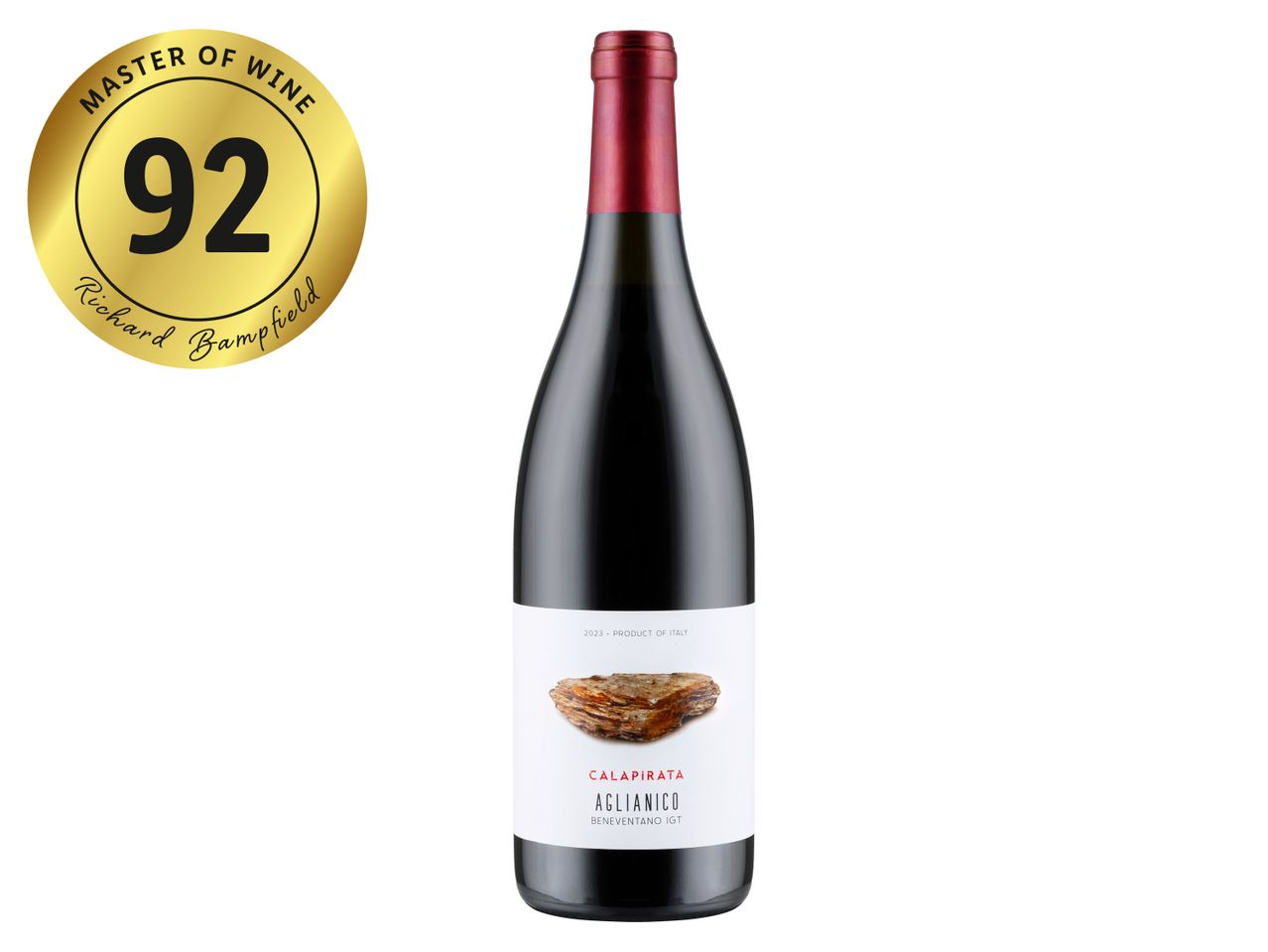 Calapirata Aglianico Beneventano IGT red wine bottle with a 92-point Master of Wine rating.