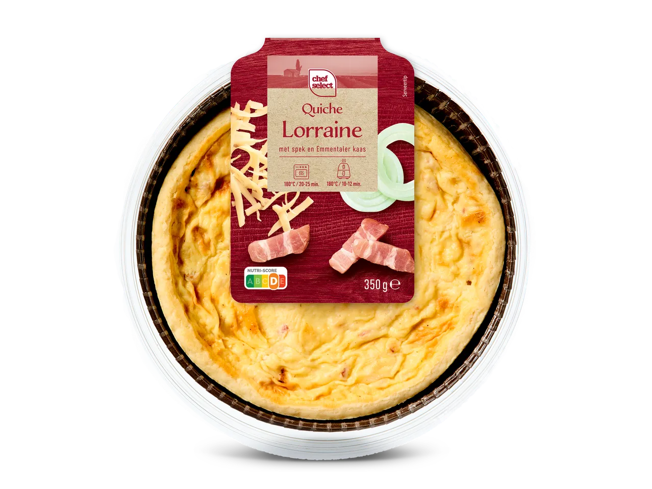 Quiche Lorraine met spek en Emmentaler kaas in een ronde verpakking, met Nutri-Score A.
