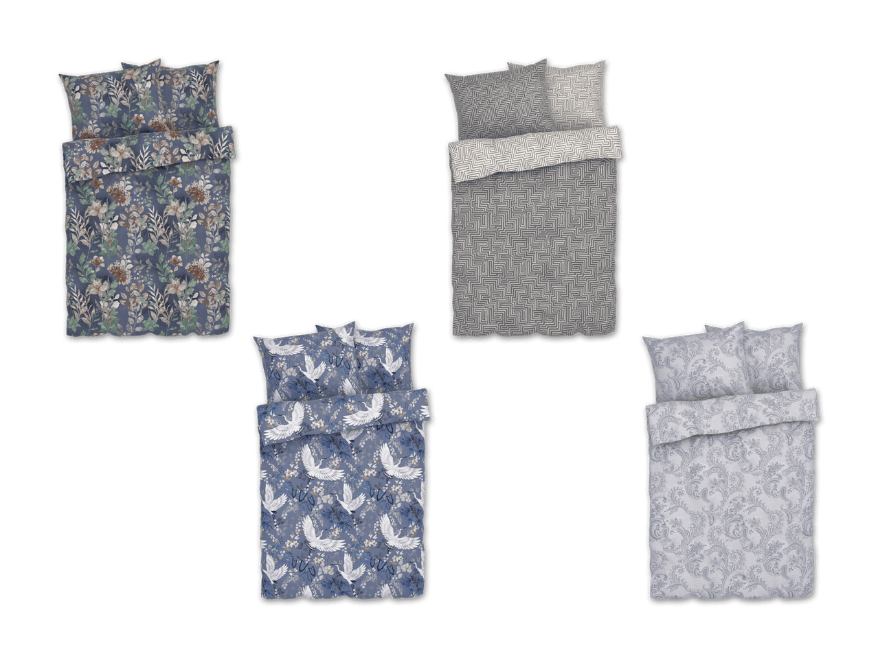 Vier verschiedene Bettwäsche-Sets mit Blumen-, Labyrinth-, Kranich- und Paisley-Mustern.