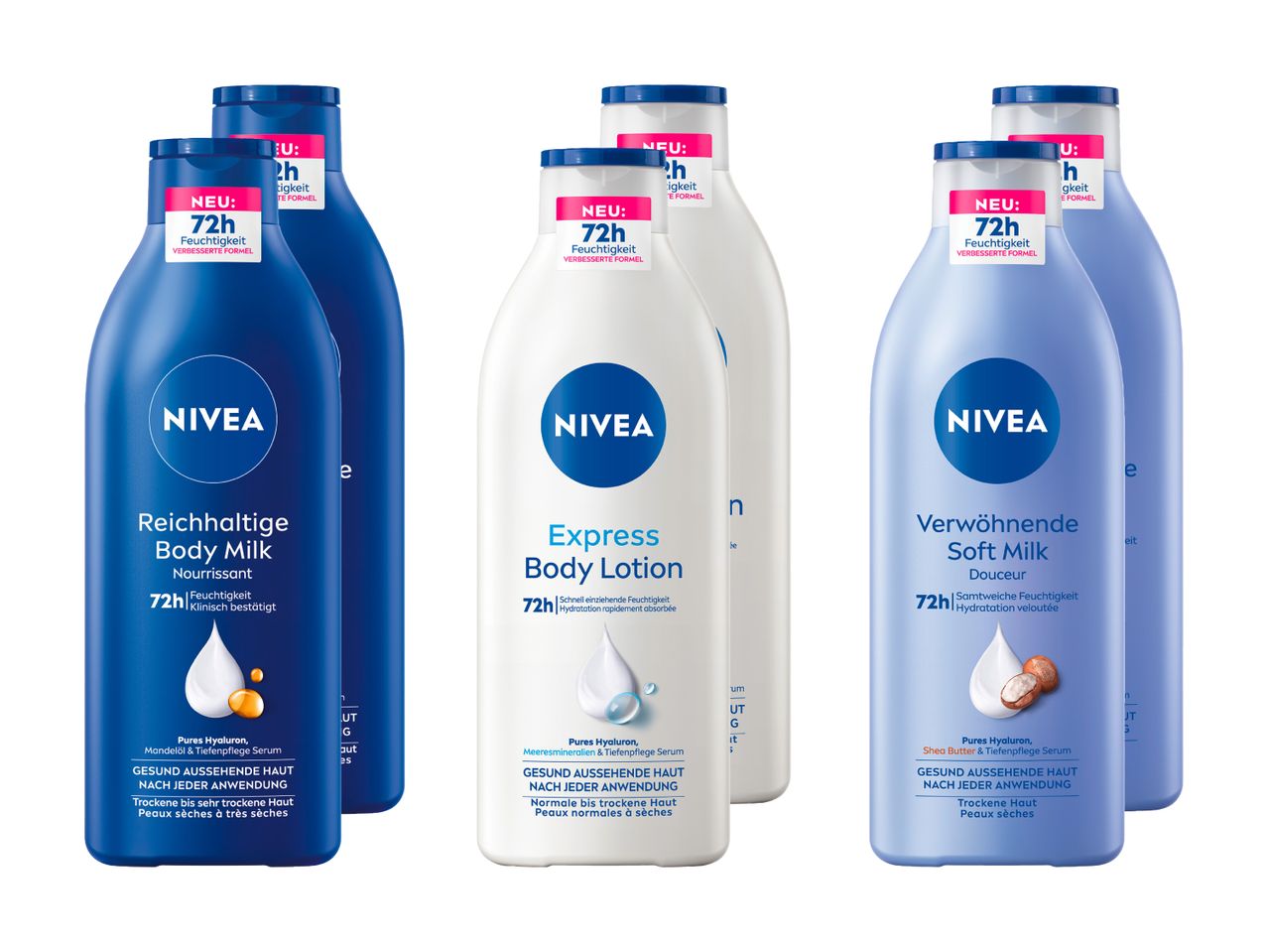 Nivea Körperlotionen im Set:  pflegend, feuchtigkeitsspendend und beruhigend.