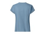 Back view of a plain light blue short-sleeved t-shirt with rolled-up sleeves.