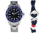 AURIOL® Watch and Jewellery Set: silver watch with blue bezel and a blue, red, and white bracelet.