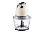 Cream-colored electric food chopper with a clear bowl and black base, featuring two speed buttons.