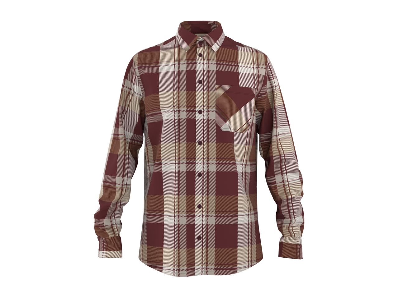 Men's long-sleeved plaid shirt in shades of brown, beige, and white.