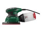Green and black orbital sander with a clear dust collection box and a black power cord.