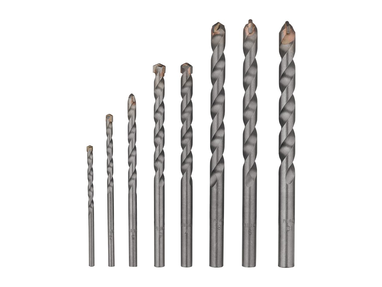 A set of seven masonry drill bits of varying sizes, arranged from smallest to largest.