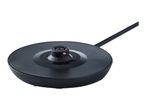 Black electric kettle base with power cord on a white background.