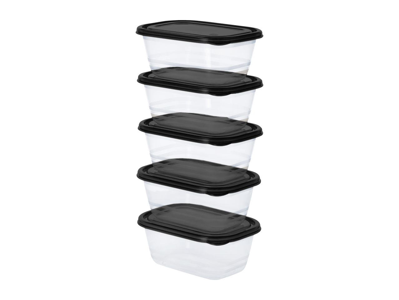 A stack of five clear rectangular food storage containers with black lids.