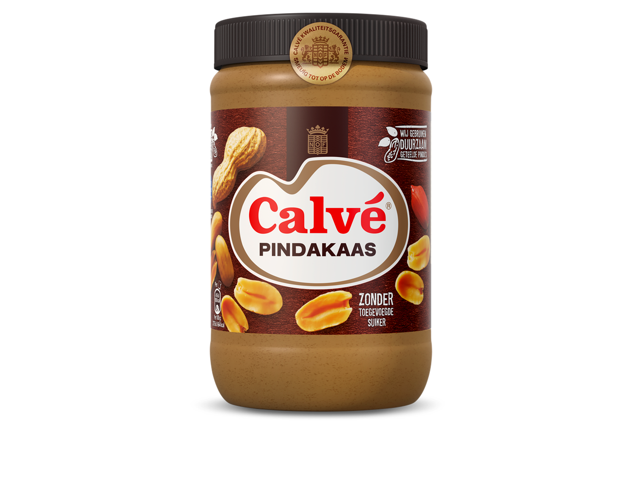 Calvé Pindakaas pot, met tekst die aangeeft dat er geen suiker is toegevoegd.