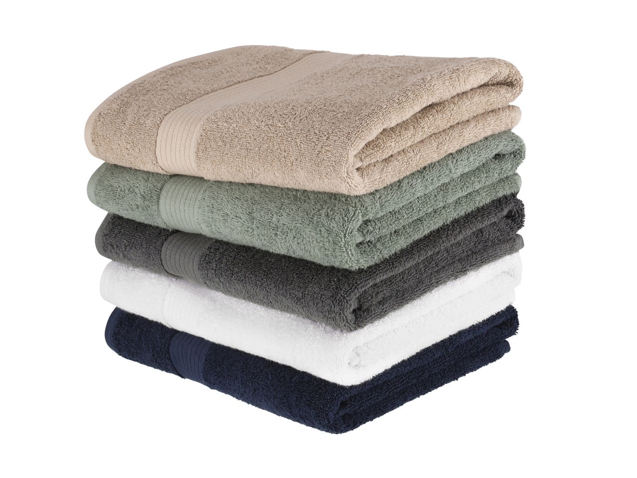 Ein Stapel von fünf gefalteten Handtüchern in Beige, Grün, Dunkelgrau, Weiß und Marineblau.