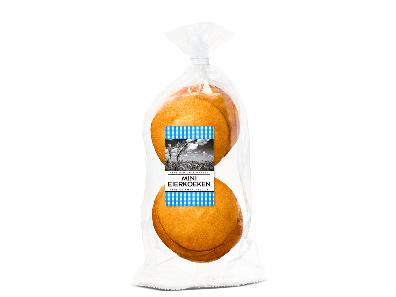 Verpakking met mini eierkoeken, met een label met een tarweveld en blauw-wit ruitpatroon.