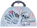 Stitch art case with markers and crayons, featuring tropical leaves and flowers.