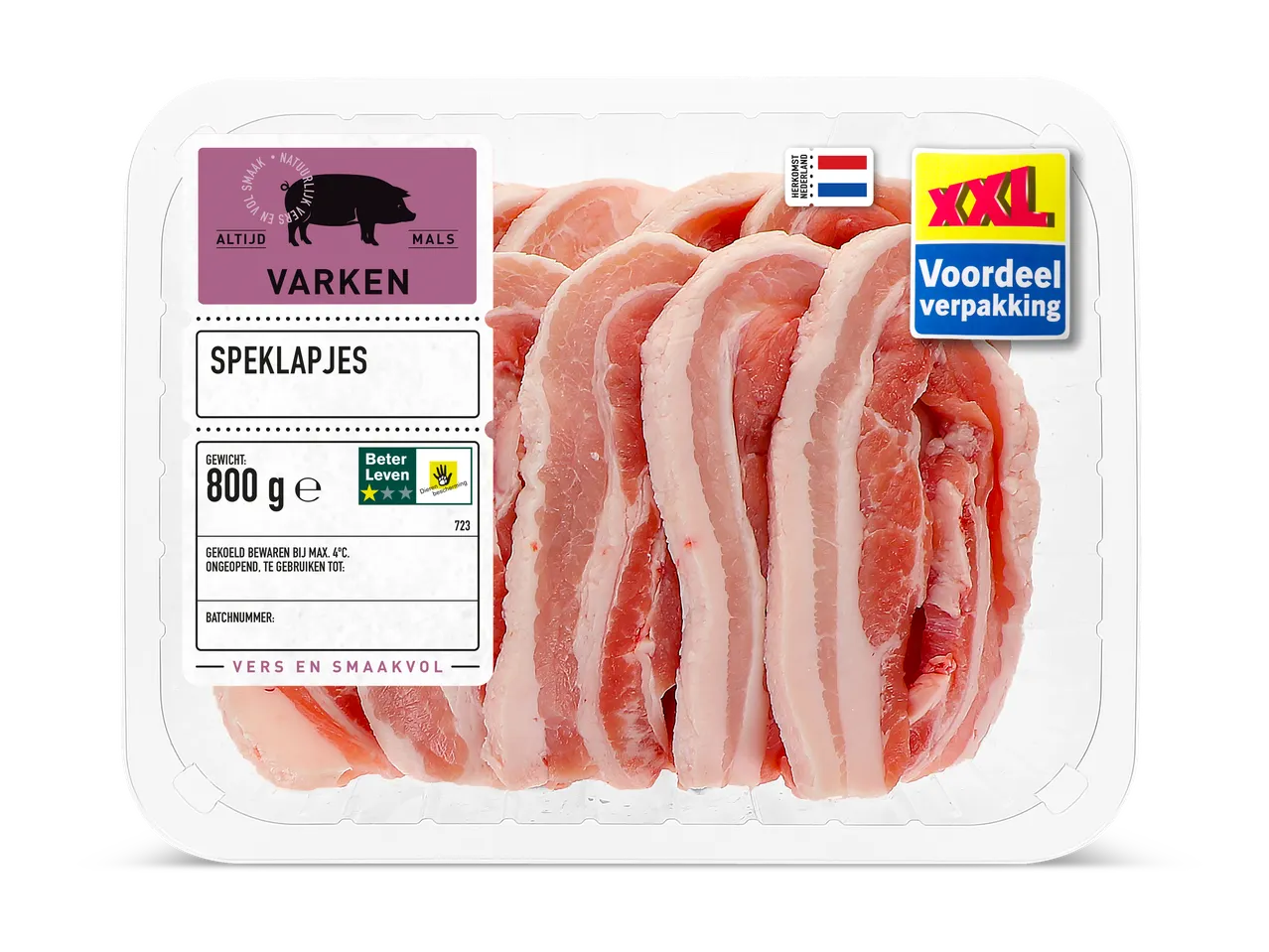 Verpakking met speklapjes, met labels voor herkomst, gewicht en keurmerken.