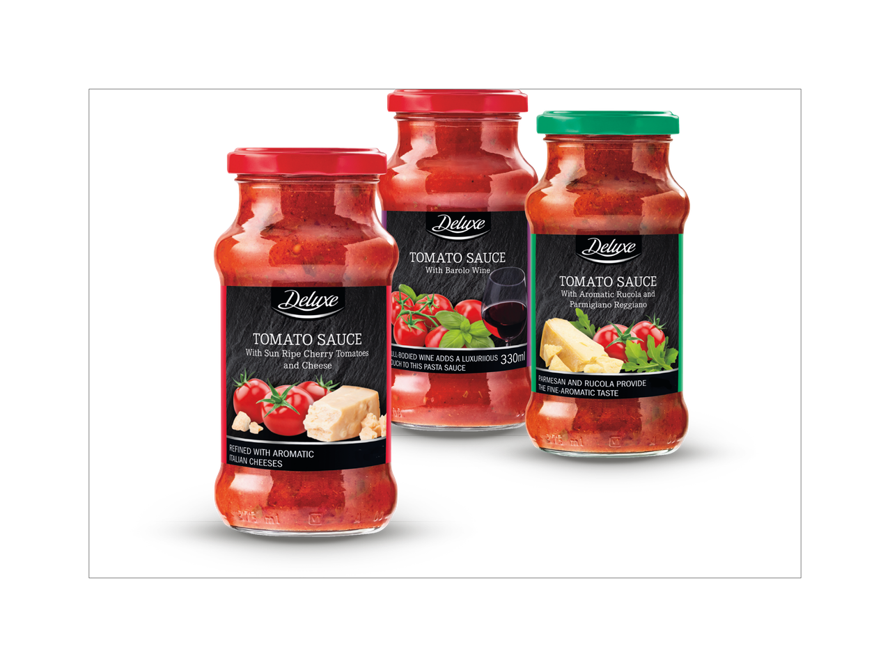 Tri staklenke Deluxe umaka od rajčice s različitim okusima: s vinom Barolo, s rikolom i Parmigiano Reggianom te s cherry rajčicama i sirom.