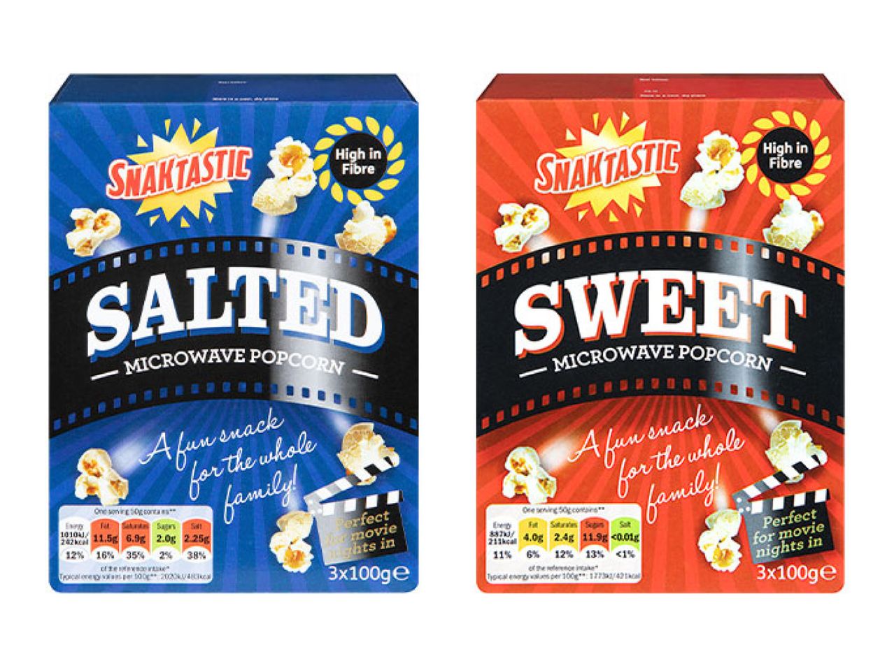 Snaktastic Salted and Sweet Microwave Popcorn boxes, both high in fibre, for movie nights.