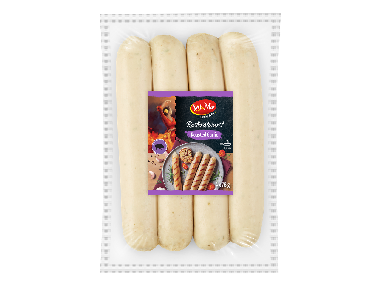 Verpakking met vier worstjes met geroosterde knoflook, 4x78g.