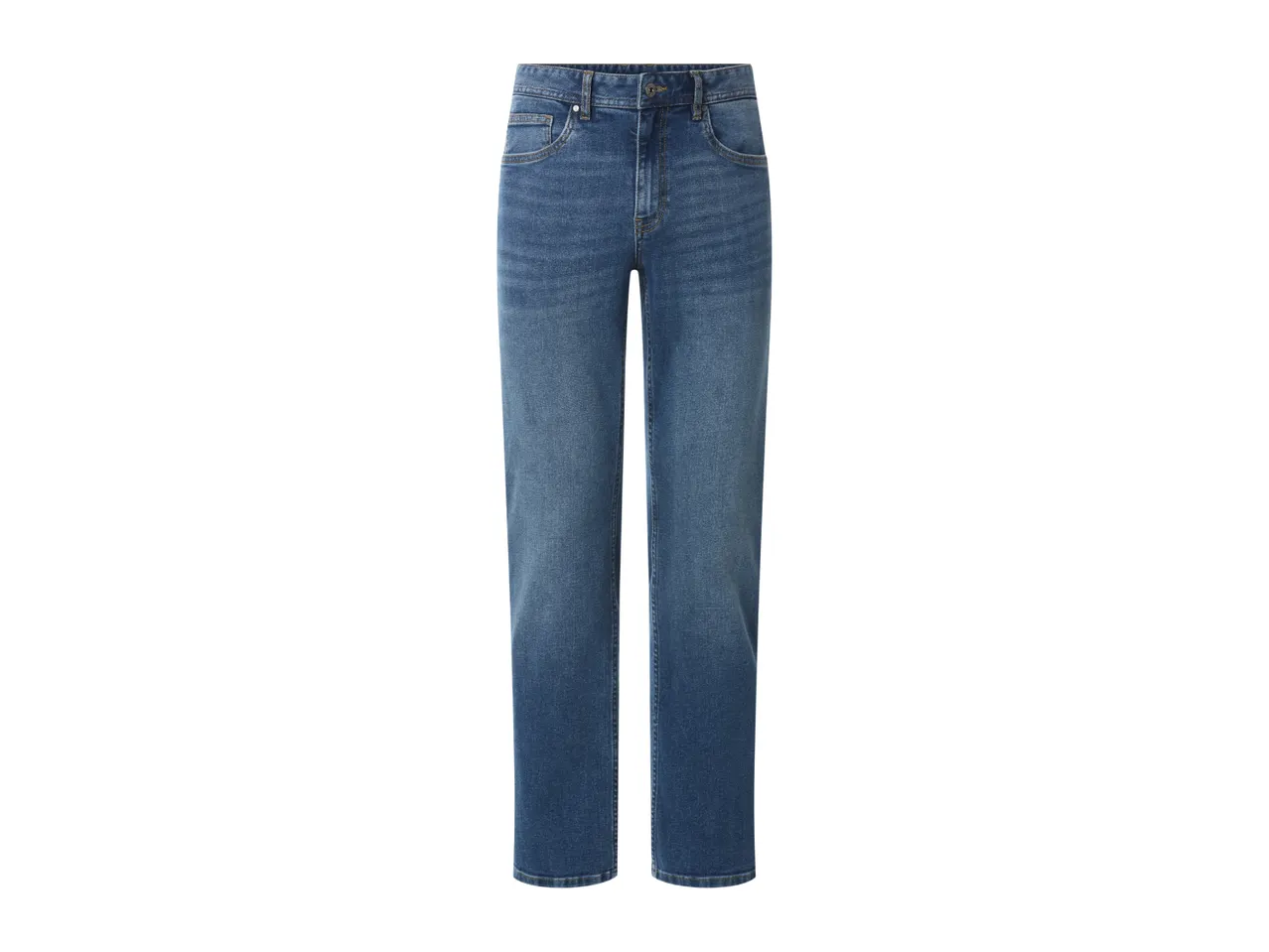 Blue denim jeans with a straight leg fit, featuring classic five-pocket styling and a button closure.