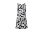 Ein schwarzes Sommerkleid mit weißem tropischem Blättermuster.