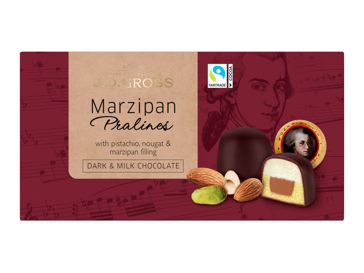 J.D. Gross Marzipan Pralines with pistachio, nougat & marzipan filling, dark & milk chocolate.