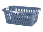 Blue plastic laundry basket with white handles