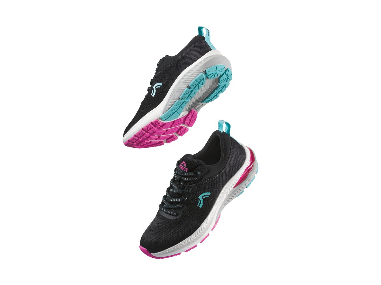 A pair of black Crivit running shoes with teal and pink accents are shown floating against a white background.